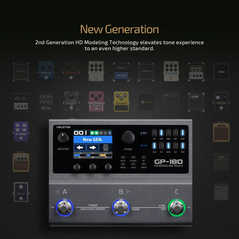 Display of GP-180 Multi-Effects Guitar Processor with HD modeling and control panel, featuring 200 pro-grade effects.