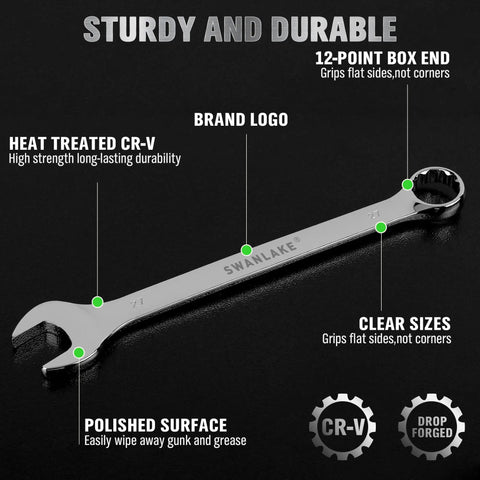 All Purpose Wrench Set With Rolling Pouch Metric And Standard Sizes 23mm 24mm 26mm 27mm 30mm 32mm Heat Treated CR-V Steel 12 Point Box End Wrenches Long Master Mechanic Pro Grade Tool Set For Garage And Home Use showing 27mm wrench with brand logo and polished surface