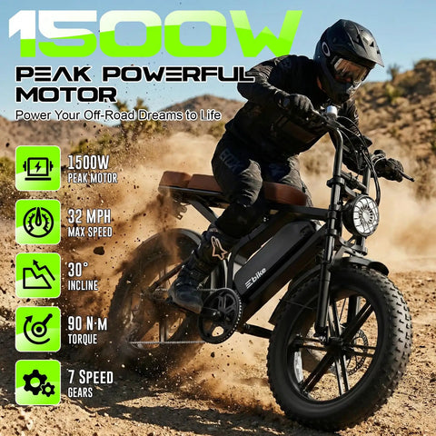 Rider on all-terrain electric mountain bike for adults with peak 1500W motor, 65 mile range, 20x4 fat tires, off-road