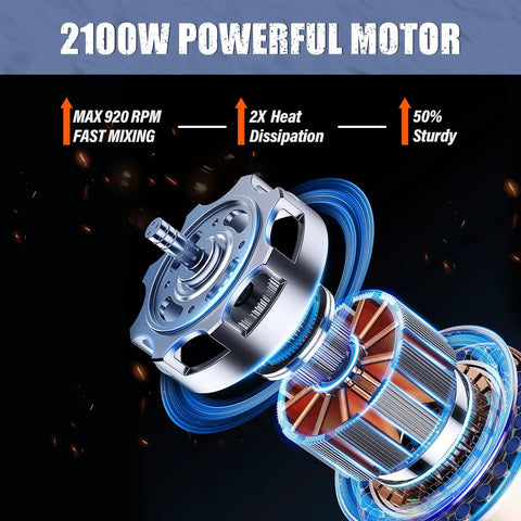 Close-up of 2100W powerful motor for Boss Grade Heavy Duty Handheld Cement Mixer with fast mixing capabilities.