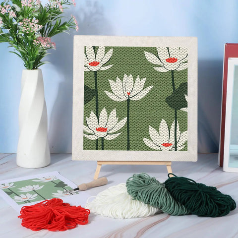 Four Sets Punch Needle Kit With 10x10 Frames For Beginners displayed with lotus pattern and yarns