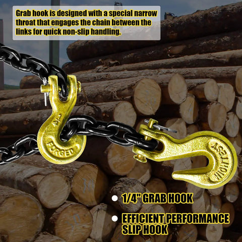 G80 Transport Binder Chain One Quarter Inch Fourteen Feet With Clevis Grab Hooks on logs for towing and load binding