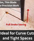 Japanese Style Keyhole Saw With Long Blade Crushing Through Wood Plywood Drywall And Gypsum Boards Boasts A Nifty Wood Handle, close-up of blade making precision cuts.
