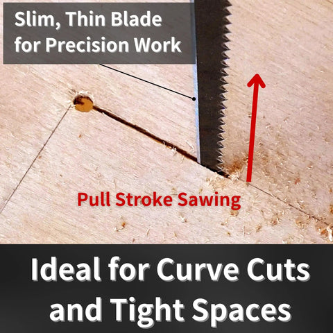 Japanese Style Keyhole Saw With Long Blade Crushing Through Wood Plywood Drywall And Gypsum Boards Boasts A Nifty Wood Handle, close-up of blade making precision cuts.