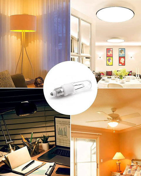 JDE11 120V 100W Halogen Mini Candelabra Bulbs T4 E11 2700K Warm White in living room, kitchen, office, and bedroom settings.