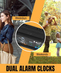 Split image showing a woman using dual alarm clock on weekdays and a family enjoying outdoors on weekends.