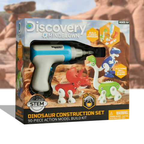 Discovery Mindblown 90 Piece Dino Construction Set with Kid Safe Power Screwdriver in packaging, STEM educational toy.