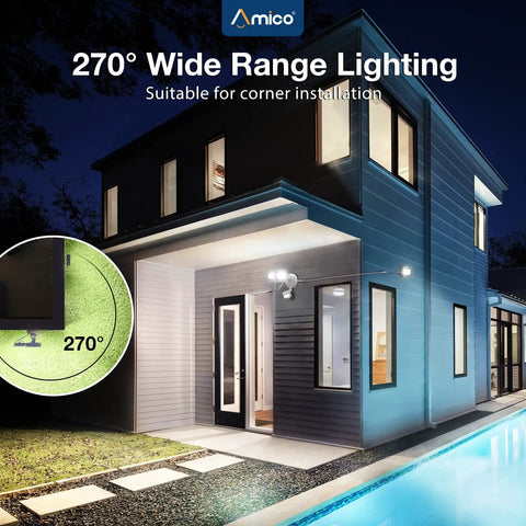 LED Motion Sensor Security Flood Light With 50W 6000LM 6500K IP65 Waterproof illuminating a modern house exterior at night
