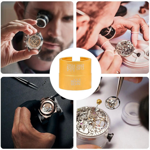 Watchmaker using Pro Grade Watch Movement Holder Aluminum Alloy Rust Proof Stand For Double Sided Repair Fixture Clock Assembly.