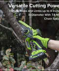 Compact 24V Brushless Mini Chainsaw Electric Pruning Saw For Tree Branch Trimming Pretty Neat Cordless Garden Cutter With Wrap Handle in action trimming a tree limb.