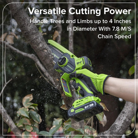 Compact 24V Brushless Mini Chainsaw Electric Pruning Saw For Tree Branch Trimming Pretty Neat Cordless Garden Cutter With Wrap Handle in action trimming a tree limb.
