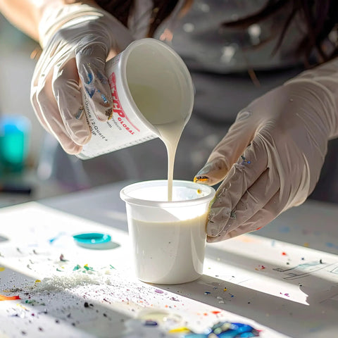 Pouring liquid into cup, 5 Quart Plastic Mixing Cups Set, 12 Pack for Paint, Automotive Coatings, Epoxy Resin, Acrylic Arts and Crafts.