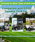Three golf carts on a course, featuring a Universal Golf Cart Seat Cover With Storage Pockets Non Slip Bench Seat Protector For EZGO Club Car Yamaha Easy Install Keeps Seats Clean From Dust Dirt And Scratches Fits Most Standard Golf Cart Benches compatibility.