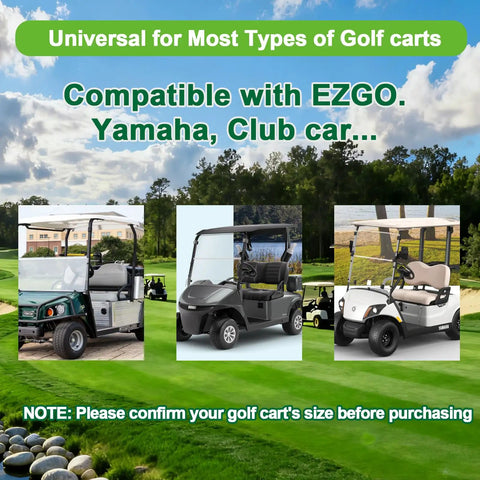 Three golf carts on a course, featuring a Universal Golf Cart Seat Cover With Storage Pockets Non Slip Bench Seat Protector For EZGO Club Car Yamaha Easy Install Keeps Seats Clean From Dust Dirt And Scratches Fits Most Standard Golf Cart Benches compatibility.