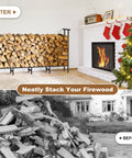 Outdoor Firewood Rack With Weatherproof Cover Heavy Duty Metal Wood Storage Stand neatly stacked near fireplace