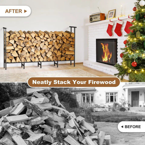 Outdoor Firewood Rack With Weatherproof Cover Heavy Duty Metal Wood Storage Stand neatly stacked near fireplace