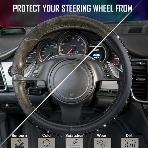Image comparing old and new steering wheels, emphasizing Fresh Bling Diamond Leather Steering Wheel Cover Loaded With Sparkly Crystal Rhinestones.
