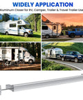 Two In One RV Screen Door Handle And Closer With Adjustable Tension showcased with RVs and travel trailers, silver finish
