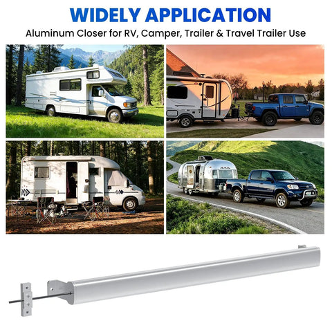 Two In One RV Screen Door Handle And Closer With Adjustable Tension showcased with RVs and travel trailers, silver finish