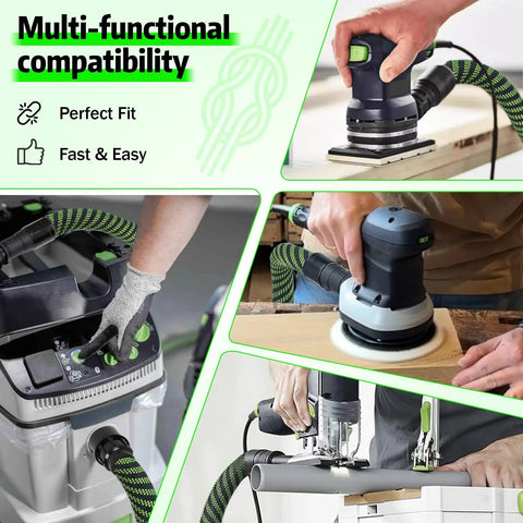 Make Quick Work Of Any Mess With This Beefy Heavy Duty Dust Extractor Hose Compatible With Festool Ct Shop Vacs 3.5 Meter Long D27 32mm Smooth Suction Tubing in use with various tools.