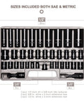 Complete 38 Piece Impact Socket Set With Three Eighths And One Half Inch Drive SAE And Metric 6 Point Deep And Shallow Sockets Cr-V Steel With Black Electroplate Finish Built Tough For Real Auto Work arranged in tray