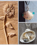 Wood-carved flower, shell pendant with wire and beads, and shell necklace for crafting projects.