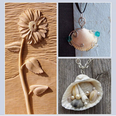 Wood-carved flower, shell pendant with wire and beads, and shell necklace for crafting projects.