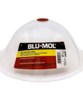 Front view of Blu-MOL RemGrit collapsible hole saw dust bowl; white plastic with label