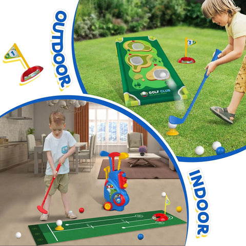 Toddler Golf Set for 2 3 4 5 Year Old Boys and Girls Upgraded Indoor Outdoor Golf Cart With Cornhole Board and Putting Mat Safe Durable Plastic Toy for Backyard Play Birthday Gift Easy to Use and Family Fun
