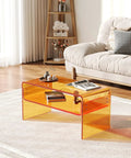 Orange Acrylic Coffee Table With Open Storage Two Tier Clear Modern Coffee Table For Living Room Office Reception And Bedroom