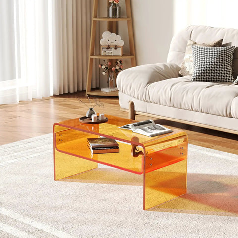 Orange Acrylic Coffee Table With Open Storage Two Tier Clear Modern Coffee Table For Living Room Office Reception And Bedroom