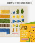 Beginner Punch Needle Kit With 14 Stitches Learn And Create A Simple DIY Embroidery Project For Adults displayed with practice cards.