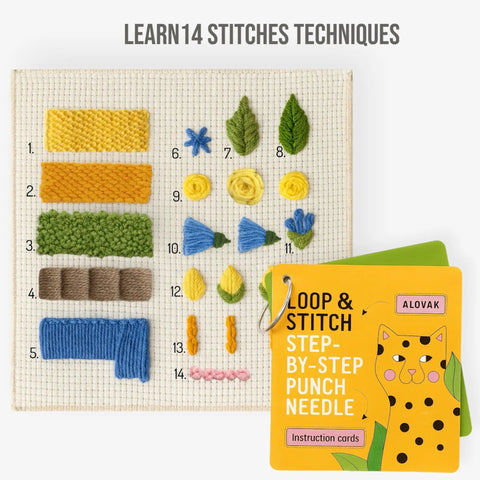 Beginner Punch Needle Kit With 14 Stitches Learn And Create A Simple DIY Embroidery Project For Adults displayed with practice cards.