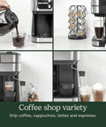 Barista Bar 4-In-1 Coffee Maker With Single Serve Pods And Three Brewing Sizes, 12-Cup Carafe Option, shown with drinks