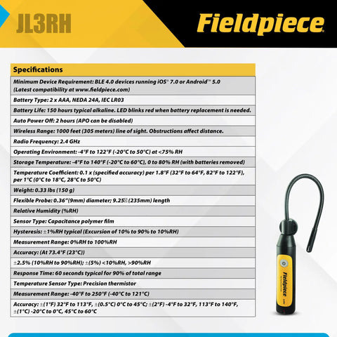 Job Link System Flex HVACR Wireless Psychrometer Probe With 1000 ft Bluetooth Range, Flexible Wand and Magnetic Mount, Pro-Grade Supply Return Switch, Water-Resistant Diagnostic Tool for Onsite Readings; Fieldpiece JL3RH spec sheet