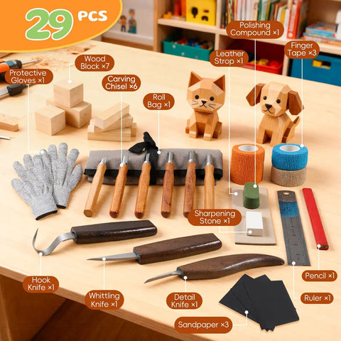 Wood Carving Kit With 29 Piece Tools Whittling Set For Beginners DIY Hobbyists Grab And Go Gray Carrying Bag