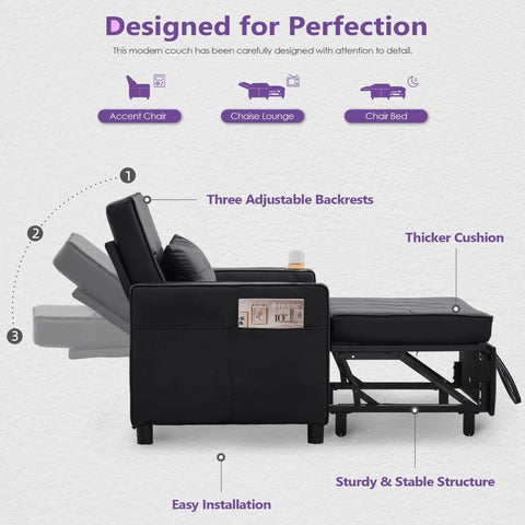 Side view of Leather Convertible Sleeper Chair Bed For Adults showing adjustable backrests and sturdy structure
