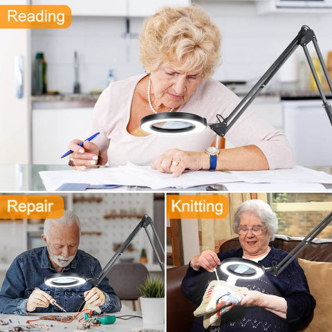 Elderly people using Big 8X Magnifying Glass With Light And Stand Clamp On LED Desk Lamp Arm for reading, repair, and knitting