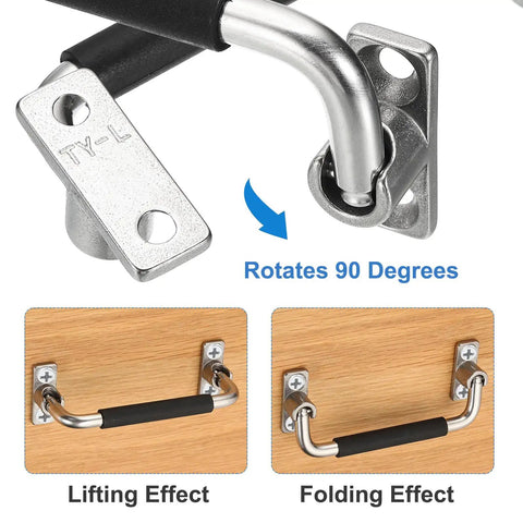 Two Pack 304 Stainless Steel Folding Pull Handles With Rubber Grip, 90 Degree Toolbox Cabinet Hardware, Bright Polished Finish, Durable Pull Latches For Equipment, Boxes, And Distribution Panels With 4.72 Inch Hole Spacing, folded and open view
