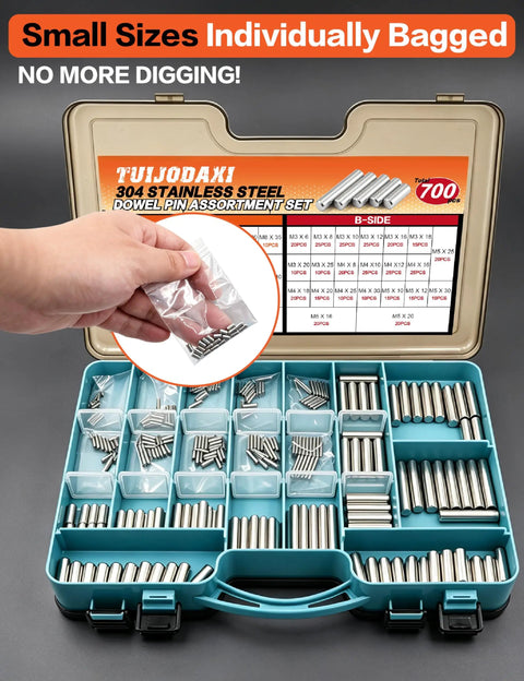 Dowel Pin Kit With 700 Stainless Steel Pins 42 Sizes From M2 To M8 Cylindrical Precision Pins Storage Case No Sweat For 3D Printer Jigs Fixtures Shelves And Precise Fastening Projects, open case