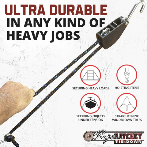 Three Eighth Inch Rope Tie Down Kit With 250 Lb Capacity Heavy Duty Block And Tackle Pulley System demonstration in use