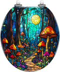 Toilet Seat Round Resin Bathroom with colorful stained glass forest design featuring mushrooms and sun.