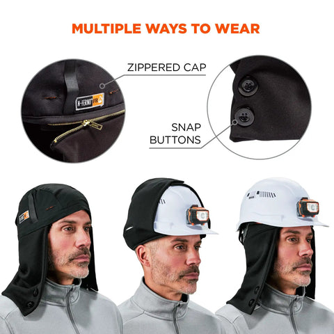 Multiple wearing styles of 2 Layer Thermal Hard Hat Winter Liner With Flame Resistant Outer Shell And FR Lining, versatile black design.