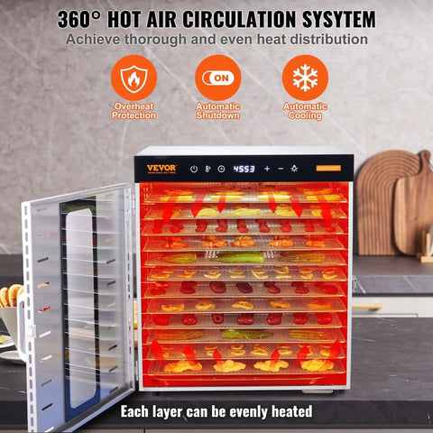 Big Time 1000W Electric Food Dehydrator With 10 Spacious Stainless Steel Trays and Easy Digital Controls in action with layered fruits.