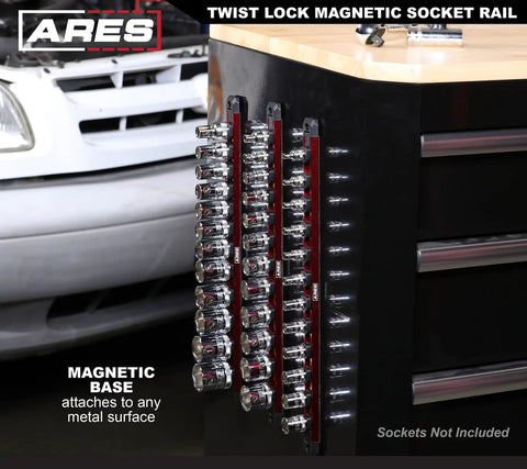 Fifteen And A Half Inch Magnetic Socket Rail Kit With Twist Lock Aluminum Holder For SAE And Metric Sockets attached to toolbox