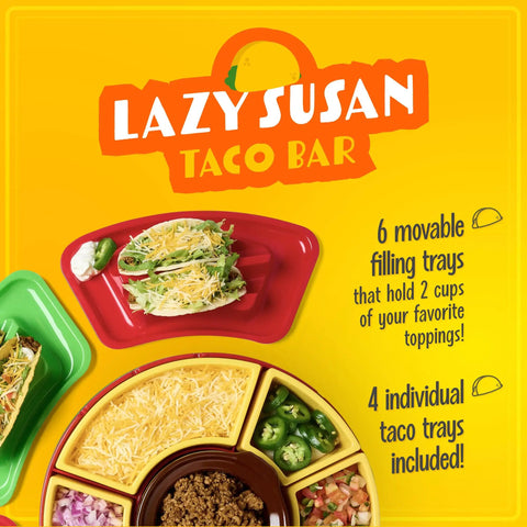 Ultimate Taco Night Heated Lazy Susan Party Serving Set with 6 topping trays and 4 taco trays, perfect for entertaining at home, red.