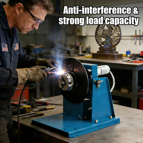 Dead Center 110V Rotary Welding Positioner Turntable With Iron Grip 2.5 Inch Three Jaw Chuck in use for light duty TIG fabrication.