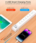 Two Pack 10ft Extension Cord Power Strips With Surge Protection 6 AC Outlets And 4 USB Ports Ultra Thin Flat Plug 1080 Joules Protection And Built In Circuit Breaker Perfect For Home Office And Entertainment Setups. White power strip with 2 USB-C and 2 USB-A ports on desk
