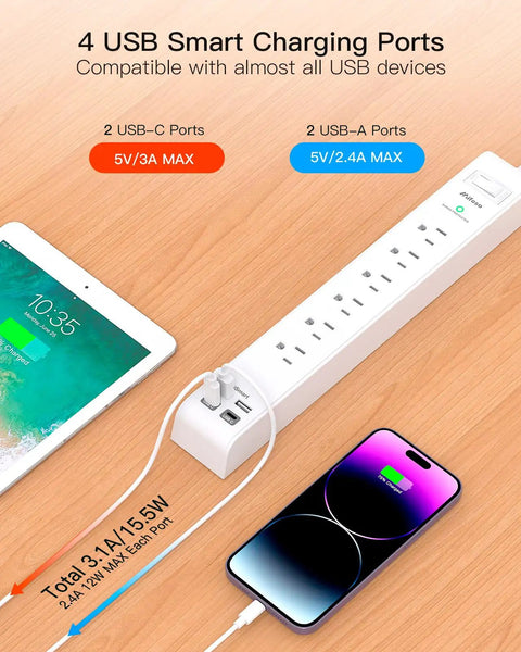 Two Pack 10ft Extension Cord Power Strips With Surge Protection 6 AC Outlets And 4 USB Ports Ultra Thin Flat Plug 1080 Joules Protection And Built In Circuit Breaker Perfect For Home Office And Entertainment Setups. White power strip with 2 USB-C and 2 USB-A ports on desk