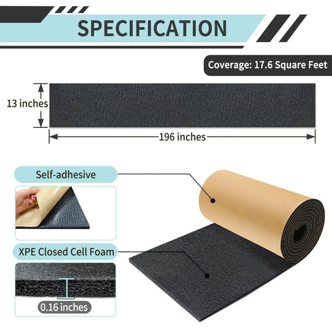 Dishwasher Soundproof Wrap Cut From Tear Resistant XPE Foam With Self Adhesive Backing 13x196 inches shown in roll form with specifications.